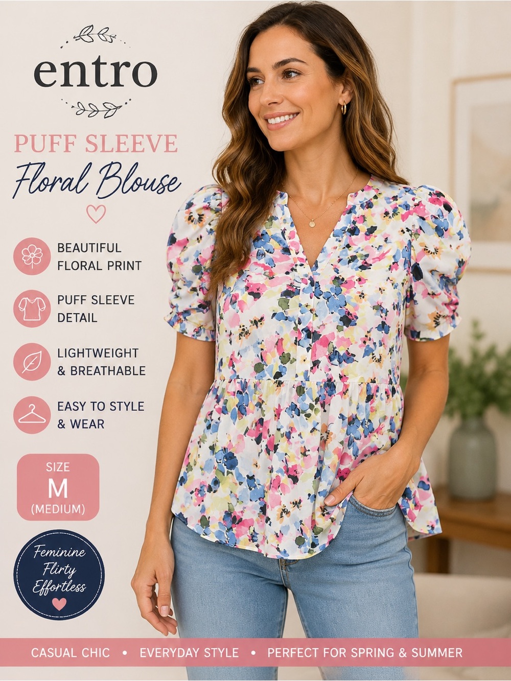 Entro Floral Puff Sleeve Babydoll Blouse Size Medium Boutique Spring Top